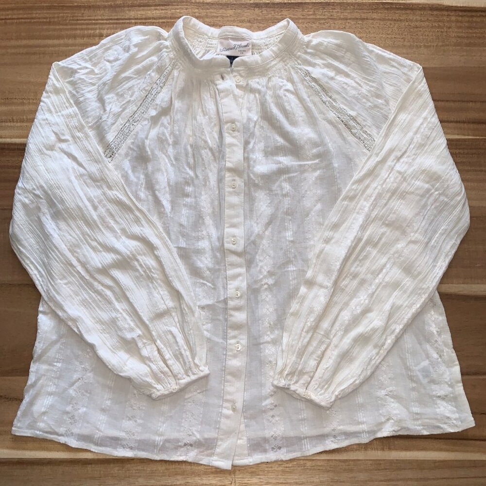 Universal Thread Womens Off-White Long Sleeve Button-Up Blouse w/ Lace Inserts - Picture 8 of 11